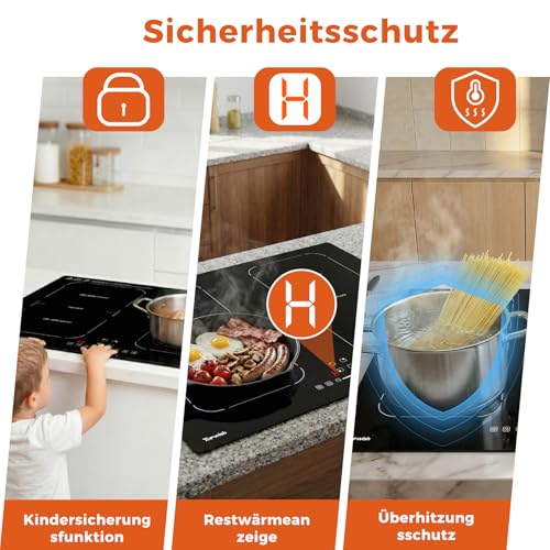 Topwish Induction Hob 4 Plates with Flex Zones, Induction Hob Built-in 60 cm, Hob 4 Hobs with Boost Function, Timer, Child Lock, Overheating Protection and Keeping Warm, 7200 W