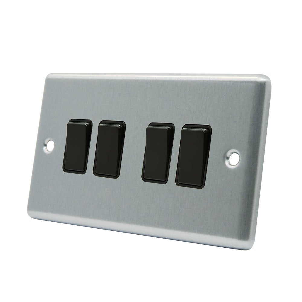 AET CSC4GSWIBL 10 A 4-Gang 2-Way Satin Finish Chrome Classical Black Insert Plastic Rocker Light Switch