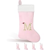 Glimin 22 Inches Christmas Stocking with Initials Monogram Christmas Stocking Velvet with White Soft Plush Cuff Embroidered for Xmas Tree Fireplace Decorations Holiday (M Letter,Pink)