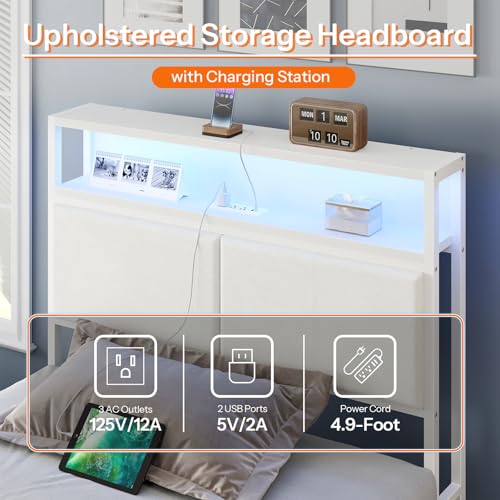 HOOBRO Twin Bed Frame, Metal Platform Bed Frame with Storage Headboard, Bed Frame with Charging Station and LED Light, White WW13UDBF01