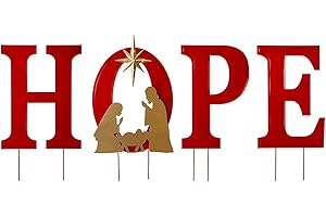 Glitzhome 32" H Lighted Metal Hope Garden Stakes, Christmas Garden Ornaments Yard Stake, Standing Decor or Wall Décor Decorative Sign for Xmas Indoor Outdoor Decorations