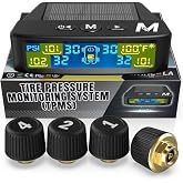 Marcala Tire Pressure Monitoring System - Set of 4 TPMS Sensors (0-98PSI) | For Trailer RV, Camper, Truck | 26ft Extended Range Air Monitor Kit | Solar Charge &amp; 6 Alarm Modes | Be Safe &amp; Prevent Flats