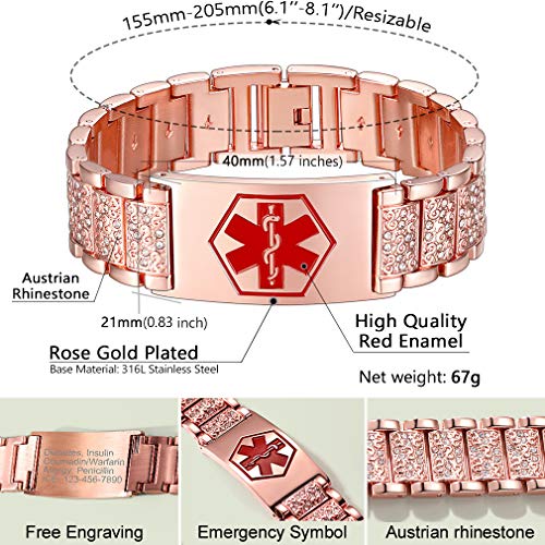 Supcare Medical Alert ID Bangle Bracelet Stainless Steel Rose Gold Plated Cubic Zircon Addjustable Band Bracelet for Men/Boys/Women, Medical Alert Emergency Identification Charm Bracelet Jewelry