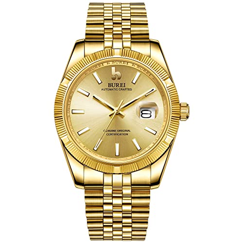 BUREI Herren Luxus Automatikuhr Vollgold-Dial Analog Datumsanzeige Saphirglas mit Gold Edelstahlband