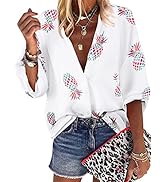 ZXZY Women Pineapple Printed Lapel Collar Half Sleeves Buttons Down Blouse Shirt