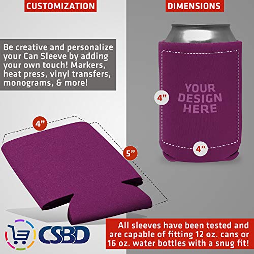 CSBD Beer Can Coolers Sleeves, Soft Insulated Reusable Drink Caddies for Water Bottles or Soda, Collapsible Blank DIY Customizable for Parties, Events or Weddings, Bulk (12, Fuchsia)