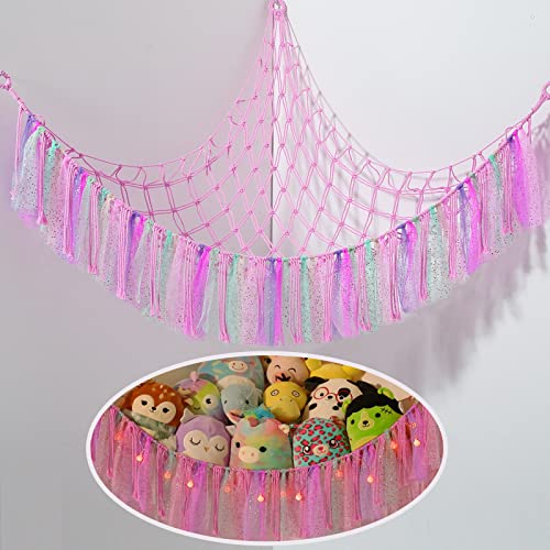 Stuffed Animal Storage Macrame Boho Plush Toy Net Hammock for Stuffed Animals with Light Pet Net for Stuffed Animals Corner Hanging Stuffed Animal Holder Teddy Bear Net for Kids Room (Shiny Pink)