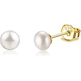 SILBERTALE Pearl Stud Earrings Sterling Silver Small Tiny 3-5mm White Freshwater Pearl Earrings Studs Silver/Gold for Women