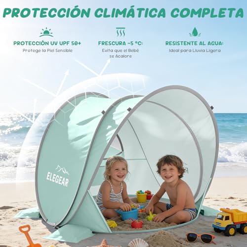 Elegear Carpa de Playa para Bebé Portátil, Pop-Up Refugio Solar con Protección Solar, UPF 50+ Protección UV Carpa de Playa para Bebé, Fácil Instalación y Ligera Tienda con Toldo para Costa,Verde Claro