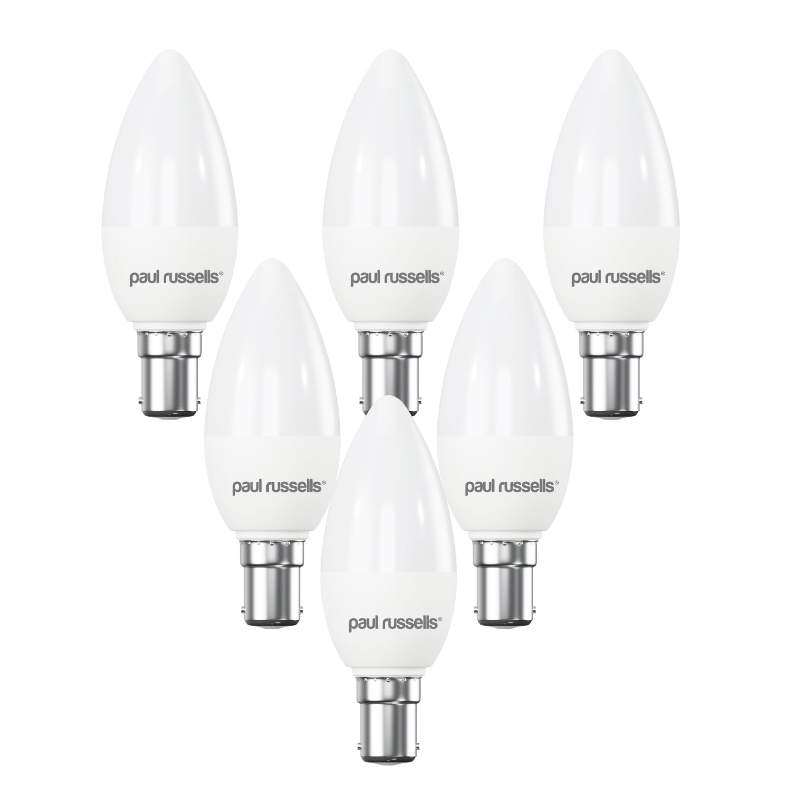 paul russells LED Light Small Bayonet Cap B15, 60watt Equivalent, 6.5W 806LM LED Bulbs, 6500K Bright Daylight, Frosted C35 SBC Candle Energy Saving Non-Dimmable Chandelier Lightbulbs, 6 Pack