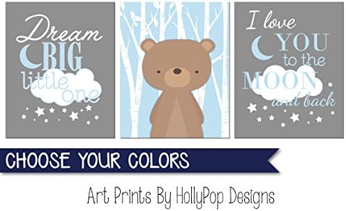 Blue nursery art, Baby boy wall art, Bear nursery print, Dream big little one, I Love you to the moon, Baby boy wall decor, Blue gray nursery art - SET OF 3 UNFRAMED ART PRINTS #1756