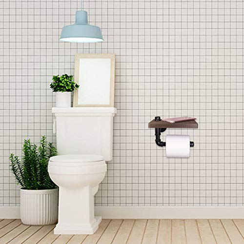 MINCORD Industrial Wall-Mounted Pipe Toilet Paper Holder with Rustic Wooden Shelf Cast Iron Pipe Hardware for Bathroom, Washroom, Black