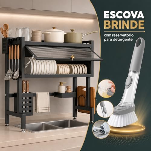 Laruno Escorredor de Louça Suspenso 75cm Preto Organizador de Pia Cozinha com Porta Pratos, Copos, Talheres, Utensílios e Escova de Limpeza