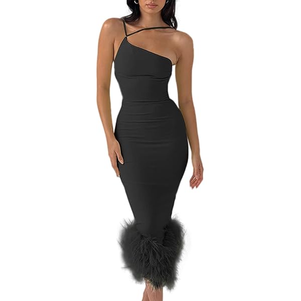 Amazon.com: One Shoulder Midi Cocktail Party Dress for Women Feather Hem Formal  Evening Gowns(Black,S) : Clothing, Shoes & Jewelry