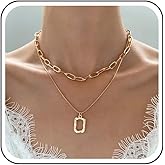 Erimberate Bohemian Layered Choker Necklace Textured Square Pendant Necklace Gold Raised Square Necklace Paperclip Chain Necklace Geometric Carved Rectangle Necklace Jewelry for Women and Girls Gifts