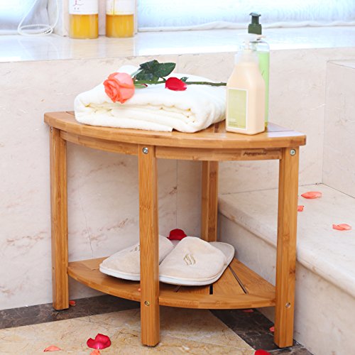 Corner Shower Bench with 2-Tier Storage Shelf,Deluxe Bamboo Shower Bench Bath Stool Applicable to Bathroom or Living Room Natural and Eco-friendly,By Artmeer
