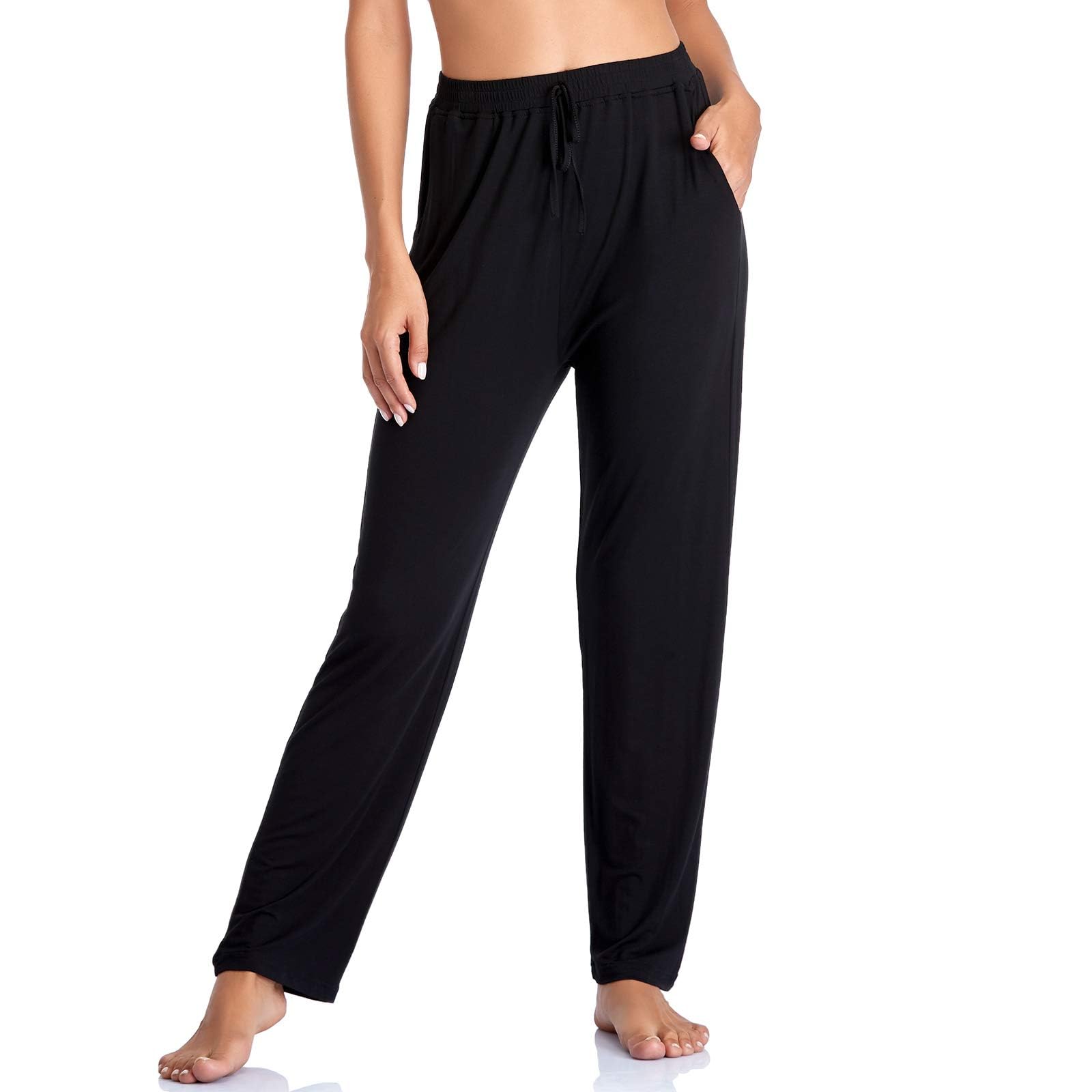 Photo 1 of Envlon Yoga Pants for Women Loose Open Bottom with Pockets Lightweight Comfy Running Pants Casual Active Workout Joggers Black Size L