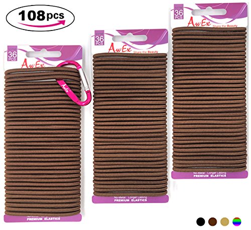 AwEx Strong Brown Hair Ties 4mm Thick Hair Elastics, No Damage,Brunette Ponytail Holder,Pack of 108 ct