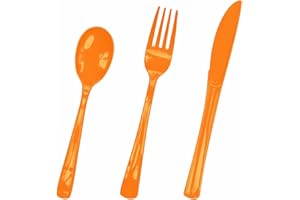 HEIPINIUYE 75 Pack Orange Plastic Cutlery Heavy Duty Fall Plastic Knives Forks and Spoons Disposable Silverware Set for 25 Guest Birthday Baby Shower Thanksgiving Party Cutlery Set