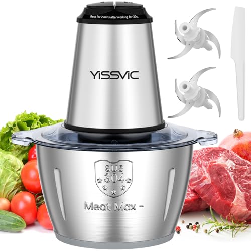 YISSVIC Electric Kitchen Chopper 2L, 500W, 2 Speed, 2×4 Blades, Stainless Steel Bowl, Non-Slip Ring, Dishwasher Safe, for Fruit Vegetables Meat Spices