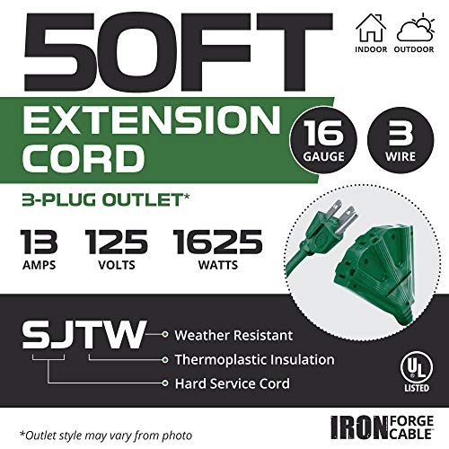 50 Foot Outdoor Extension Cord with 3 Electrical Power Outlets - 16/3 SJTW Durable Green Extension C - //coolthings.us