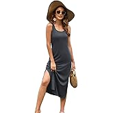 Naggoo Women's Sleevelee Tank Dress Midi Summer Casual Scoop Neck Basic Split Maxi Tshirt Sundresses with Pockets