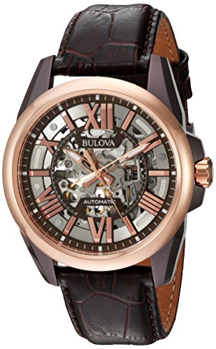 Bulova Men's Mechanical Hand Wind Stainless Steel and Leather Dress Watch, Color:Brown (Model: 98A165)