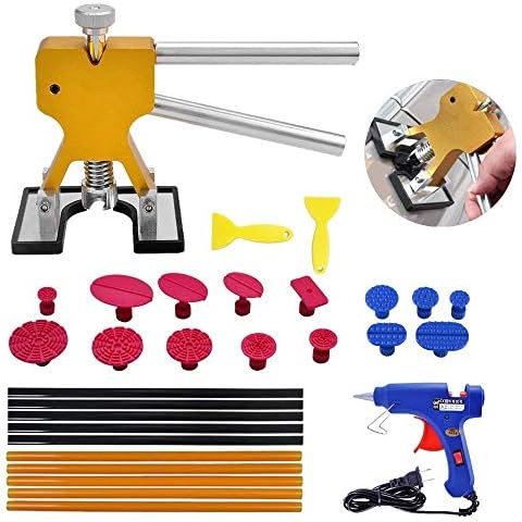 Paintless Dent Repair Tools Kit - Gold Dent Lifter with 15pcs Dent Removal Pulling Tabs Suction Cup Plate PDR Hot Melt Glue Gun Pro Glue Sticks
