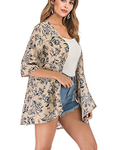 PopStore Women's Floral Print Sheer Kimono Cardigan Capes Chiffon 3/4 Sleeve Patchwork Casual Cover up Blouse Tops Beige - Thumbnail 2