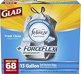 Glad ForceFlex OdorShield Tall Kitchen Drawstring Trash Bags, Fresh Clean, 13 Gallon, 68 Count