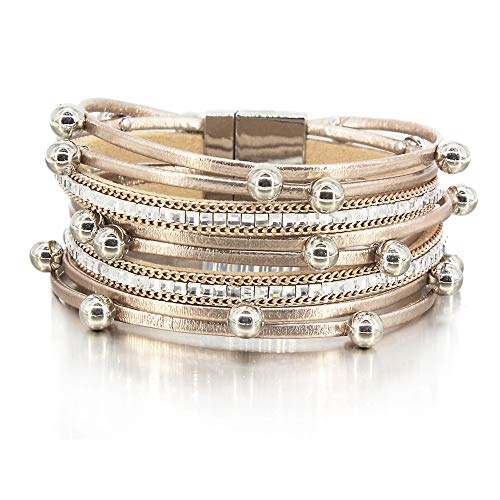FANCY SHINY Bead Leather Bracelet Boho Wrap Bracelet Layered Rhinestone Cuff Bracelet with Magnetic Clasp,7.5"(Rose Gold)
