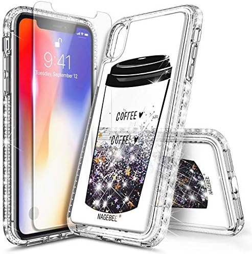 iPhone Xs Max Case with Tempered Glass Screen Protector, NageBee Glitter Bling Liquid Quicksand Waterfall Floating Sparkle Diamond Women Girls Durable Cute Case for iPhone Xs MAX 6.5 inch -Coffee