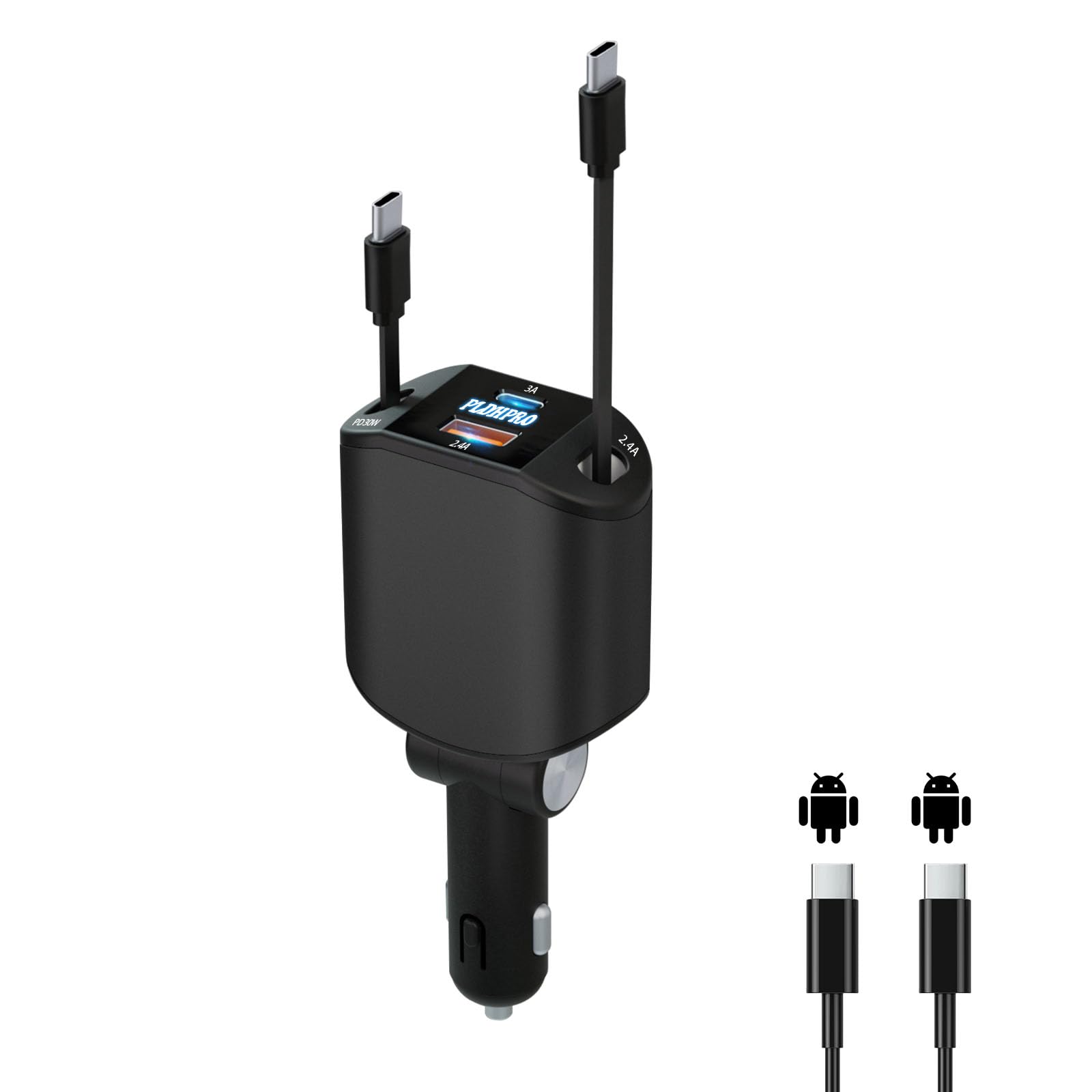 PLDHPRO Cigarette Lighter USB C Charger Retractable Car Charger 4 In 1 Fast Charging Adapter 12V/24V Type-C 2 Cords for SamsungGalaxy s25/s24/A56/A05/A16 iPhone 16/15/14/13/iPad Aluminum 80W - Black