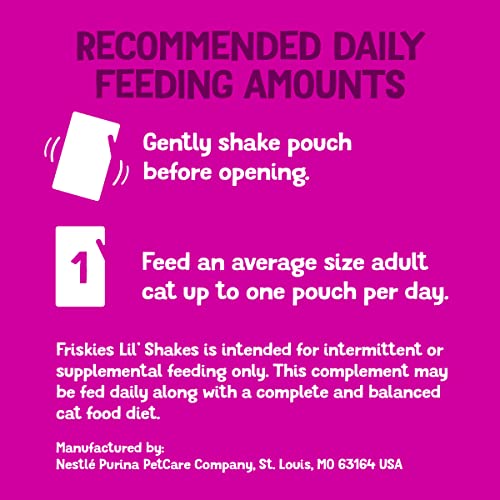 PURINA FRISKIES PUREED CAT FOOD TOPPER VARIETY PACK, LIL’ SHAKES WITH CHICKEN AND WITH TUNA VARIETIES LICKABLE CAT TREATS – (PACK OF 18) 1.55 OZ. POUCHES
