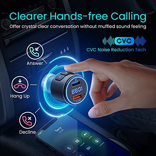 (Upgraded Version) VT Bluetooth FM Transmitter for Car, V5.0 Bluetooth Car Adapter, FM Transmitter Receiver, MP3 Player with QC3.0 Quick Charge, Hands Free Calling, 2 Playing Modes, Blue led Display
