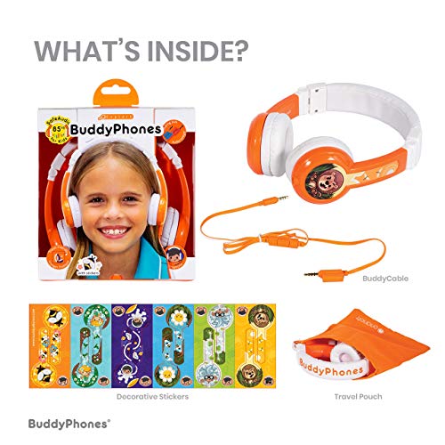 BuddyPhones Explore Foldable, Kids Volume Limiting Headphones, Built-in Audio Sharing Cable and in-Line Mic, Compatible with Fire, iPad, iPhone, and Android Devices, 2-Pack Blue and Orange