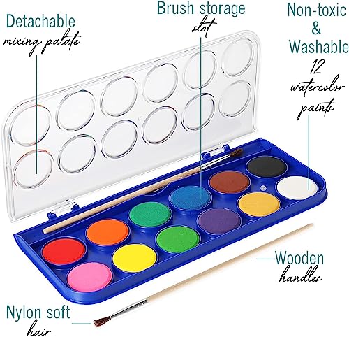 2 Pack Watercolor Paint Set 12 Vivid Colors Includes Watercolour Mixing Palette and 2 Brushes, Perfect For Artists, Beginner Painters, Kids and Adult Painting