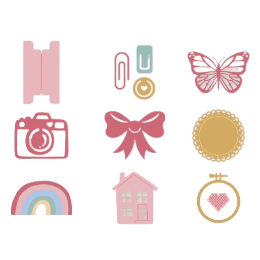 Craftelier - Set of 9 Mini Basic Dies for Any Theme | Includes Paperclip, Butterfly, Loop, Loop, Camera, Tab, Blonde, Frame, Rainbow and House Dies