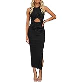 oten Women's Sexy Cut Out Ruched Bodycon Maxi Dress Sleeveless Tie Knot Slit Ribbed Party Club Night Out Dresses