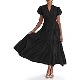 Wenrine Womens Summer Midi Dress Puff Short Sleeve V Neck Flowy Tiered Beach A-Line Dresses