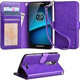 Droid Turbo 2 Case, Arae Motorola Moto Droid Turbo 2 wallet case,[Wrist Strap] Flip Folio [Kickstand Feature] PU leather wallet case with ID&Credit Card Pockets For Moto Turbo 2 (Purple)