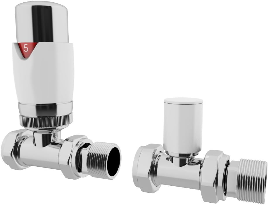 HB Signature Thermostatic TRV Brass White Radiator Valves + Lockshield 1/2" x 15mm Pack Straight