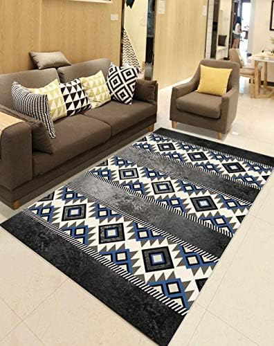 Large Area Rugs For Living Room, Non Skid Thick Soft Cozy Silent Carpets For Bedroom, Luxurious Modern Simple Blue And Black Printed Art Home Decor Indoor Floor Mats