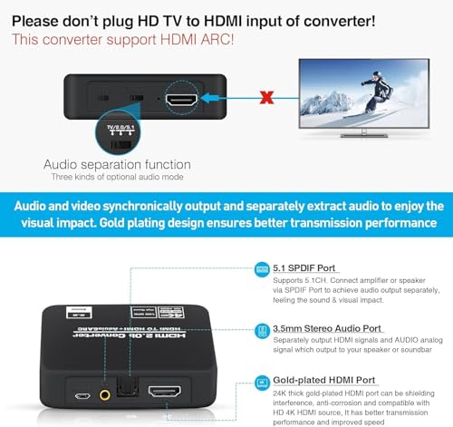 Hdmi Audio Extractor 4K 60Hz Hdmi 2.0B Splitter With Arc Optical Toslink Spdif And 3.5Mm Stereo Audio Out Support Hdcp 2.2 Pcm Dts 5.1 For Tv Soundbar Amplifier Ps5 Xbox Projector (Black)