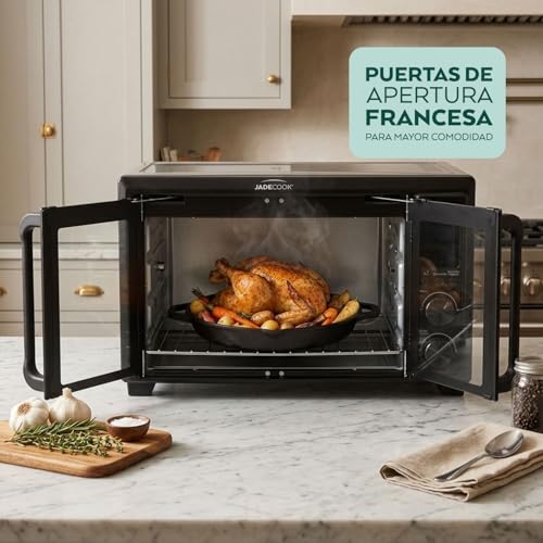 JadeCook Horno Eléctrico con Freidora de Aire de 30 Litros, Temperatura de 100 °C a 230 °C, Apagado Automático, Doble Puerta de Vidrio Templado, Frie Rostiza, Hornea, Cocina Saludable, Color Negro