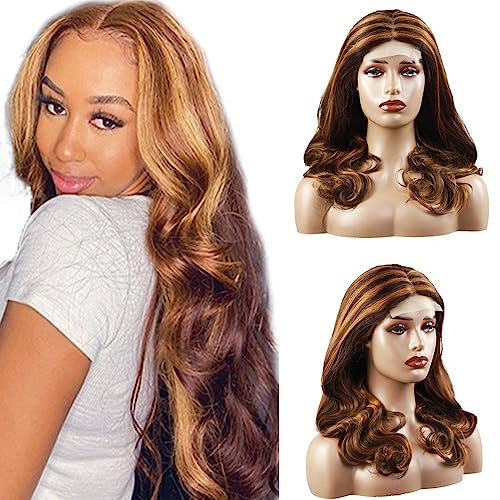 Creuost Peluca de pelo humano de 28 pulgadas, peluca ondulada 4 x 1, encaje suizo, frontal, cabello humano, sin procesar, pelo virgen brasileño, pre plucked with natural Hairline P4/30 Highlight Brown