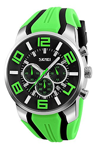 Big Dial Stainless Steel and Silicone Band Quartz StopWatch Watch 30M Waterproof Sport Watches for Mens (Green)