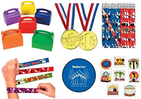 Multiple Bowling Party 133 Piece Party Pack Bundle Kid's Favors (12 Goodie Gift Boxes, 12 Slap Bracelets, 72 Tattoos, 12 Gold Medals, 24 Pencils, Bonus Folding Flying Disc)
