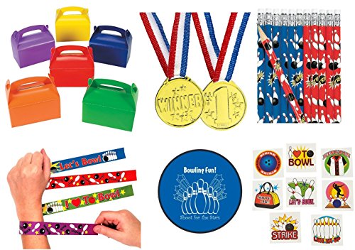 Bowling Party 133 piece Party Pack Bundle Kid's Favors (12 Goodie Gift Boxes, 12 Slap Bracelets, 72 Tattoos, 12 Gold Medals, 24 Pencils, Bonus Folding Flying Disc)