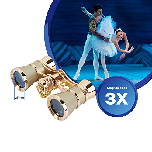 Aomekie Opera Glasses Binoculars 3X25 Theater Glasses Mini Binocular Compact with Chain for Adults Women Kids in Musical Concert(Gold)